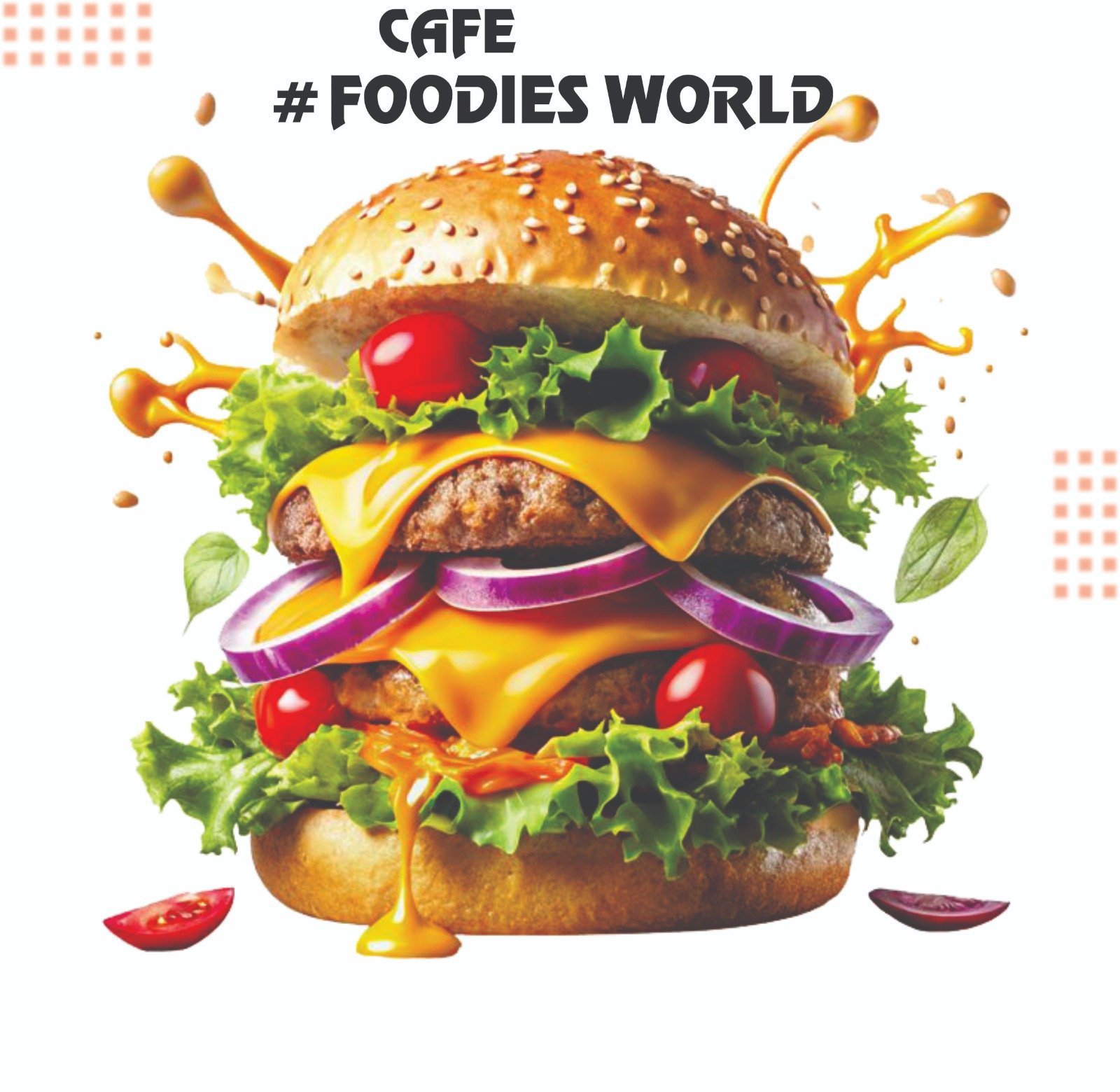 Cafe Foodies World burger promotional poster design created by Sai Graphics Phaltan