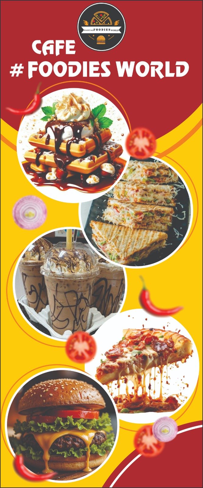 Cafe Foodies World snacks menu and drinks poster design by Sai Graphics