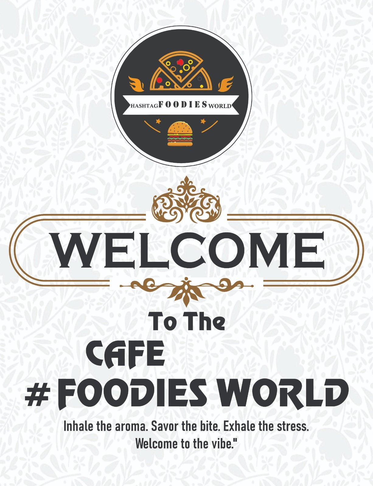 Cafe Foodies World welcome poster design for restaurant branding by Sai Graphics